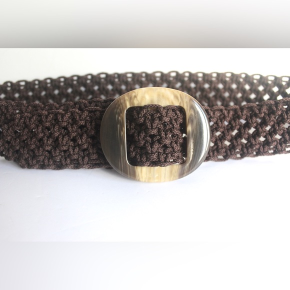 Vintage Wide Woven Brown Belt with Faux Horn Buckle, Adjustable Wrap Macrame - Picture 3 of 6